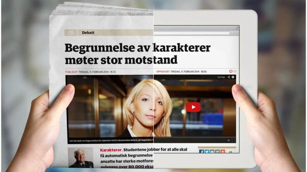 Ramsalt Media Two hands holding a newspaper and a tablet